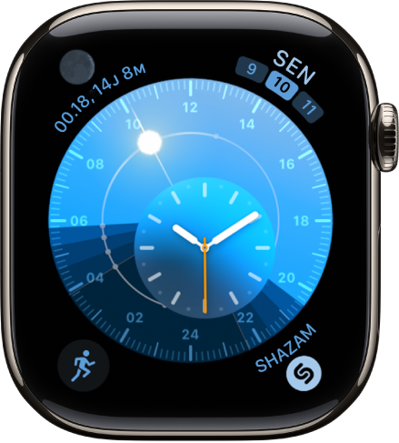 Wajah jam Surya Dial dengan dial bundar yang menunjukkan posisi matahari. Dial dalam menampilkan waktu analog. Terdapat empat komplikasi yang ditampilkan: Bulan terdapat di bagian kiri atas, Kalender di bagian kanan atas, Olahraga di bagian kiri bawah, dan Pengenalan Musik di bagian kanan atas.