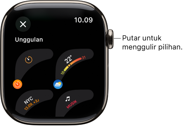 Layar penyesuaian untuk wajah jam yang menampilkan komplikasi unggulan. Putar Digital Crown untuk menelusuri komplikasi.
