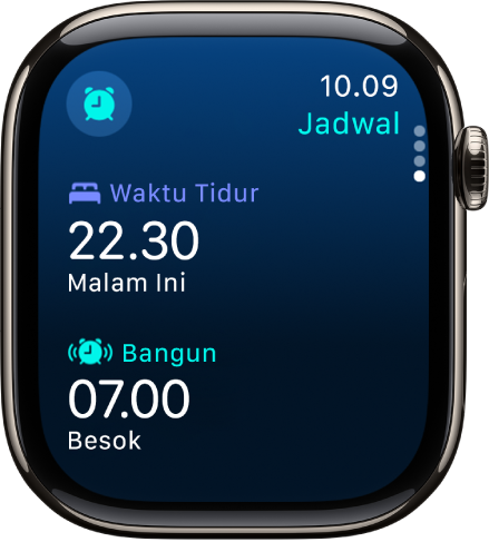 App Tidur di Apple Watch menampilkan jadwal tidur malam. Waktu Tidur muncul di bagian atas dan waktu Bangun di bawahnya.