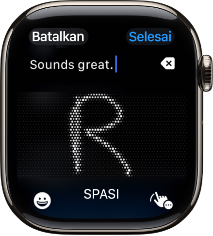 Layar bidang teks yang menampilkan surat yang ditulis dengan Coretan. Tombol Emoji dan Coretan ada di bagian bawah layar.