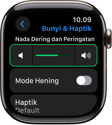 Pengaturan Bunyi & Haptik di Apple Watch, dengan penggeser Volume Peringatan di bagian atas dan pengalih Mode Hening di bawahnya.