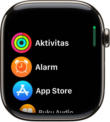 Layar Utama dalam tampilan daftar, dengan app dalam urutan alfabetis.