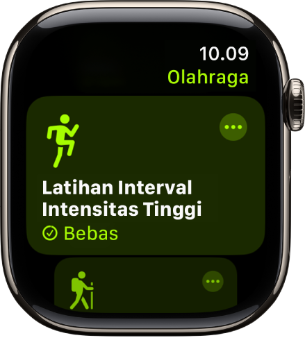 Layar Olahraga dengan olahraga Latihan Interval Intensitas Tinggi yang disorot. Tombol Lainnya ada di kanan atas ubin olahraga.