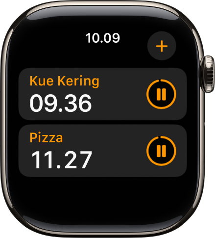 Dua timer di app Timer. Setiap timer menampilkan waktu tersisa di bawah nama timer dan tombol jeda di sebelah kanan. Tombol Tambah ada di kanan atas.