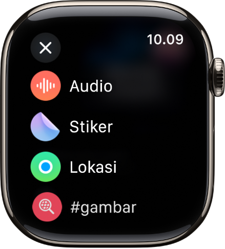 Layar Pesan yang menampilkan pilihan lampiran seperti audio, stiker, lokasi, dan gambar.
