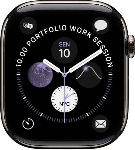 Wajah jam Grafik Info menampilkan komplikasi di setiap pojok dan empat subdial di tengah.