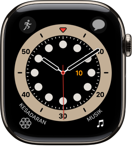 Wajah jam Hitung Maju. Wajah jam ini menampilkan empat komplikasi: Olahraga terdapat di bagian kiri atas, Pesan di bagian kanan atas, Kesadaran di bagian kiri bawah, dan Musik di bagian kanan atas.