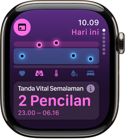 Layar di app Tanda Vital yang menampilkan metrik kesehatan semalaman.