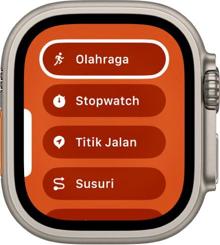 Layar Alih Cepat menampilkan tindakan yang dapat ditetapkan ke tombol Tindakan, seperti Olahraga, Stopwatch, dan Titik Jalan.