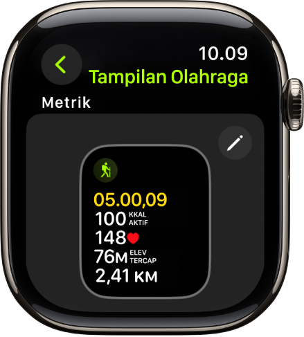 Layar Tampilan Olahraga, yang menampilkan tampilan olahraga Metrik untuk olahraga Mendaki.