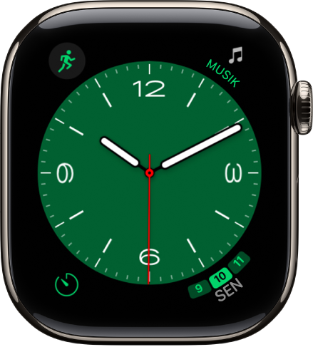 Wajah jam Metropolitan, tempat Anda dapat memutar Digital Crown untuk mengubah tampilan jenis. Ini menampilkan empat komplikasi— Olahraga terdapat di bagian kiri atas, Musik di bagian kanan atas, Timer di kiri bawah, dan tanggal di kiri bawah.