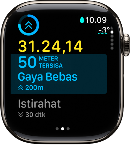 Olahraga berenang di kolam sedang berlangsung yang menampilkan waktu berlalu olahraga, jarak pada interval berwaktu, dan interval berwaktu berikutnya.