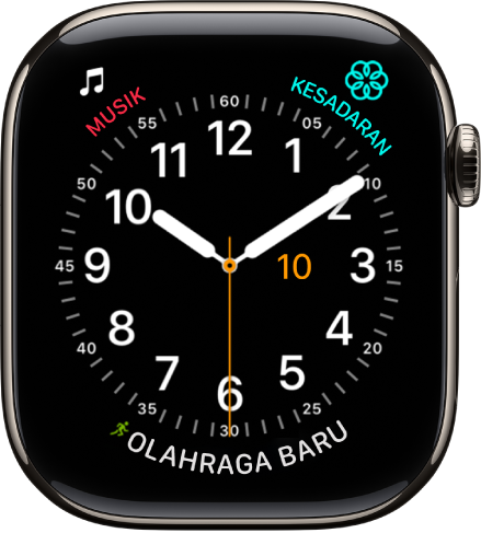 Wajah jam Utilitas, di mana Anda dapat menyesuaikan warna jarum kedua dan menyesuaikan penomoran dan detail angka. Tiga komplikasi muncul: Musik di bagian kiri atas, Kesadaran di bagian kanan atas, dan Olahraga di bagian bawah.