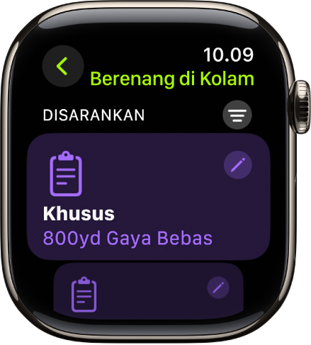 Layar di app Olahraga yang menampilkan pengaturan untuk olahraga Berenang di Kolam khusus.