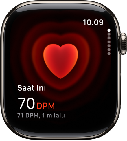 Layar Detak Jantung, dengan laju jantung saat ini, ditampilkan di bagian kiri bawah, dan pembacaan terakhir Anda dalam jenis yang lebih kecil di bawahnya.