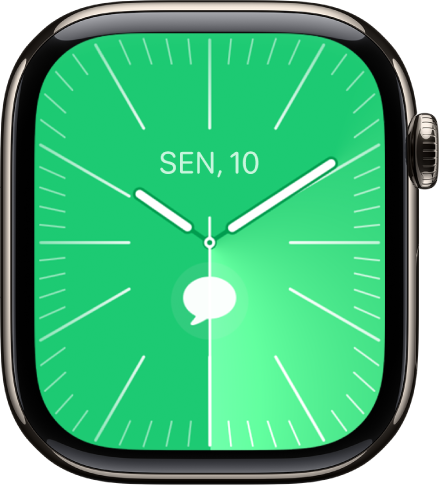 Wajah jam Solar Analog dengan tanggal di bagian tengah atas dan komplikasi Pesan di bawahnya.