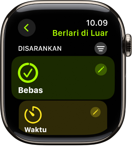 App Olahraga menampilkan layar untuk mengedit olahraga Berlari Di Luar. Ubin Terbuka berada di tengah dengan tombol Edit di kanan atas. Bagian ubin Waktu ada di bawah.