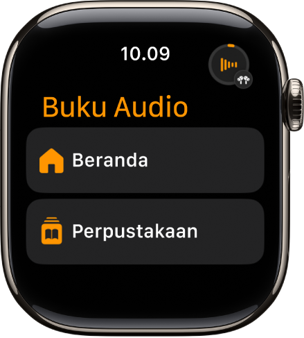 App Buku Audio yang menampilkan tombol Beranda dan Perpustakaan.