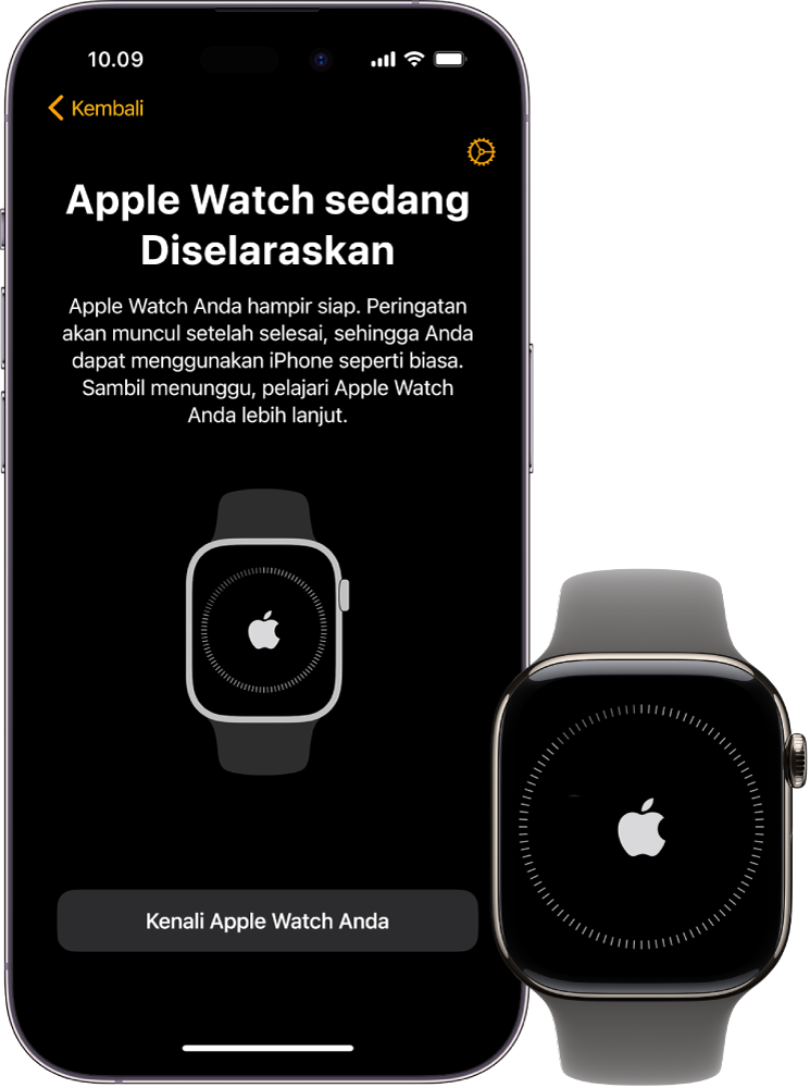 iPhone dan Apple Watch menampilkan layar penyelarasannya.