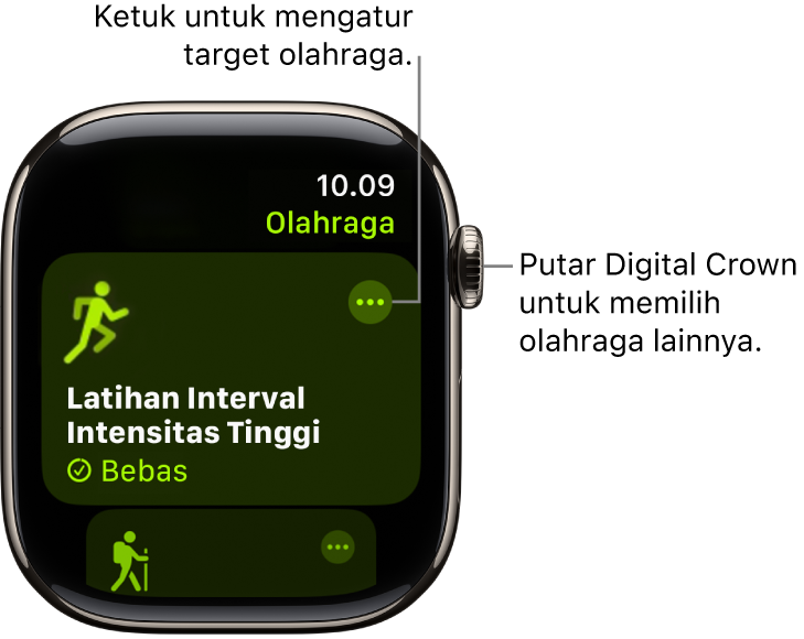 Layar Olahraga dengan olahraga Latihan Interval Intensitas Tinggi yang disorot. Tombol Lainnya ada di kanan atas ubin olahraga.