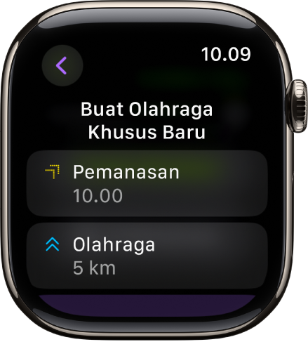 App Olahraga yang menampilkan layar untuk membuat olahraga khusus baru. Kotak Pemanasan berada di bagian tengah dengan interval 10 menit dan ubin Olahraga berada di bawah dengan interval 3 mil.