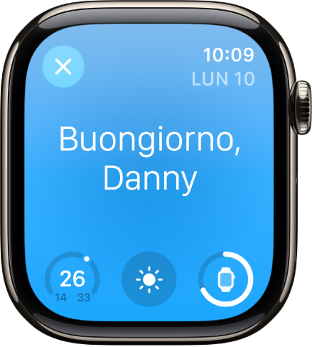 Apple Watch che mostra la schermata di risveglio. Viene mostrato il messaggio Buongiorno in alto. Sotto, sono visibili la temperatura, le condizioni meteo e il livello della batteria.
