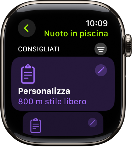Una schermata nell’app Allenamento con le impostazioni per un allenamento di nuoto in piscina personalizzato.