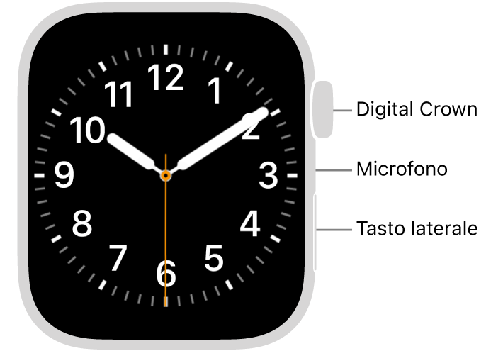 La parte anteriore di Apple Watch Series 9, con lo schermo che mostra il quadrante e, nella parte laterale, dall’alto verso il basso, la Digital Crown, il microfono e il pulsante laterale.