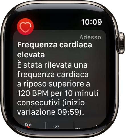 Una schermata di avviso dell’opzione di monitoraggio del battito cardiaco che indica che è stata rilevata una frequenza cardiaca elevata.
