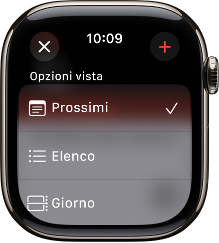 Una schermata di Calendario con le opzioni di visualizzazione “Prossimi eventi”, Elenco e Giorno. Il pulsante Aggiungi è in alto a destra.