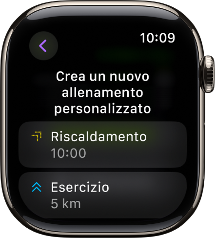 L’app Allenamento con una schermata per creare un nuovo allenamento personalizzato. Il riquadro Riscaldamento è al centro con un intervallo di 10 minuti e il riquadro Lavoro è sotto con un intervallo di 3 miglia.
