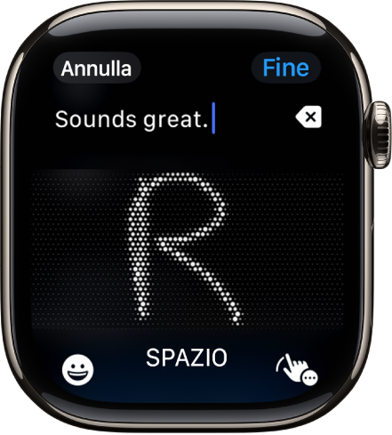 La schermata del campo di testo che mostra una lettera scritta con “Scrittura a mano”. I pulsanti Emoji e “Scrittura a mano” si trovano nella parte inferiore dello schermo.