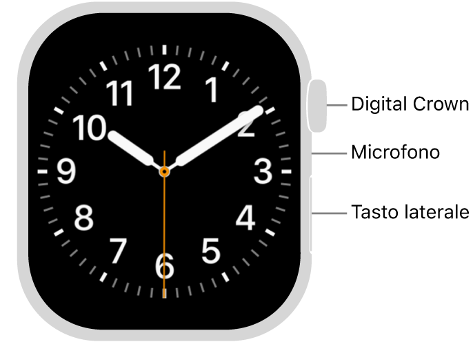 Apple Watch Series 10, visto da davanti, con, dall’alto verso il basso, lo schermo che mostra il quadrante, la Digital Crown, il microfono e il pulsante laterale.