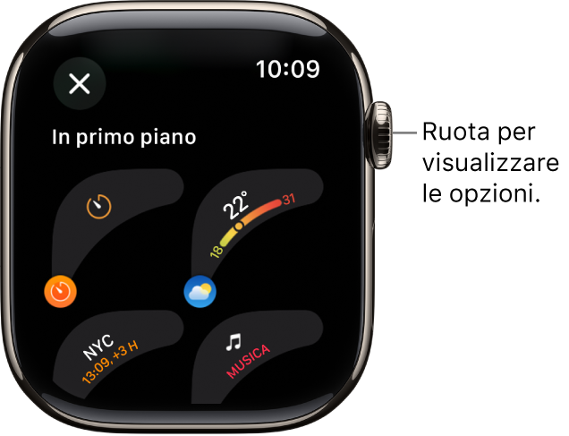 La schermata di personalizzazione con le complicazioni specifiche per quel tipo di quadrante. Ruota la Digital Crown per sfogliare le complicazioni.