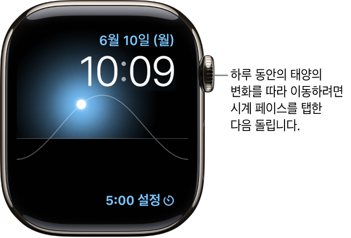 태양 그래프 시계 페이스는 요일, 날짜 및 현재 시간을 표시하며 수정할 수 없음. 타이머 컴플리케이션이 오른쪽 하단에 나타남. 시계 페이스를 탭한 다음, Digital Crown을 돌려서 하늘에 있는 태양을 황혼, 새벽, 중천, 석양 및 어둠으로 이동함.