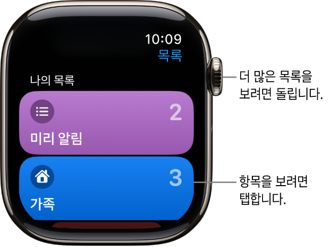 가족 및 집의 두 가지 목록 버튼이 표시된 미리 알림 앱의 목록 화면. 각 목록에 있는 미리 알림 수가 오른쪽의 숫자로 표시됨. 목록을 탭하여 항목을 보거나 Digital Crown을 돌려 더 많은 목록을 볼 수 있음.