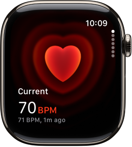 Programos „Heart Rate“ ekranas, kuriame esamas širdies ritmas rodomas apačioje kairėje, vėliausias matavimas rodomas žemiau mažesniu šriftu.