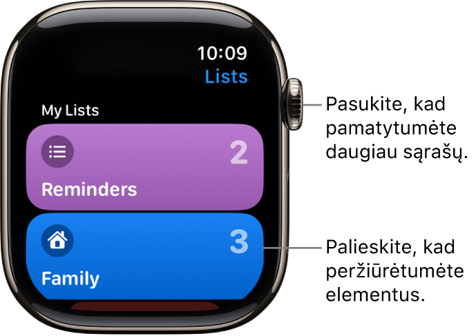 Programos „Reminders“ ekrane „Lists“ yra du sąrašų mygtukai – „Family“ ir „Home“. Skaičiai dešinėje nurodo, kiek priminimų yra kiekviename sąraše. Palieskite sąrašą, kad peržiūrėtumėte jo elementus, arba pasukite „Digital Crown“, kad peržiūrėtumėte daugiau sąrašų.