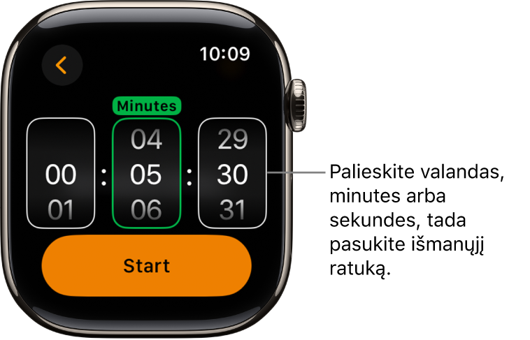 Pasirinktinio laikmačio kūrimo nustatymai: kairėje rodomos valandos, viduryje – minutės, o dešinėje – sekundės. Mygtukas „Start“ yra žemiau.