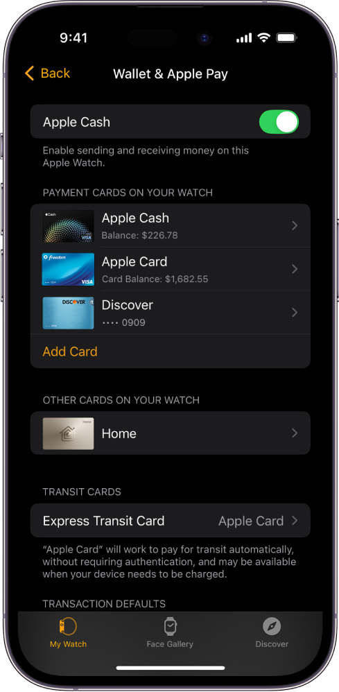 „iPhone“ ekranas, kuriame rodomi „Piniginė“ ir „Apple Pay“ nustatymai programoje „Apple Watch“.