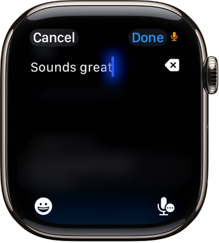 Teksto lauko ekrane rodoma padiktuota žinutė. Ekrano apačioje yra mygtukai „Emoji“ ir „Dictation“.
