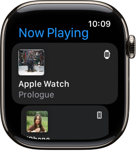 Lietotnē Now Playing ir redzams visu ierīču saraksts. Ar Apple Watch atskaņotā mūzika ir norādīta saraksta augšgalā. iPhone ieraksts atrodas zemāk.
