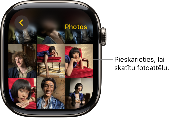 Lietotnes Photos galvenais ekrāns Apple Watch pulkstenī, kurā režģa izkārtojumā izvietoti vairāki fotoattēli.