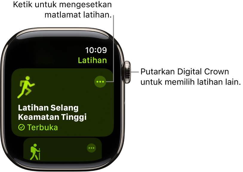 Skrin Latihan dengan Latihan Selang Keamatan Tinggi diserlahkan. Butang Lagi berada di bahagian kanan atas jubin latihan.