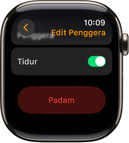 Skrin Edit Penggera, dengan butang Padam di bahagian bawah.