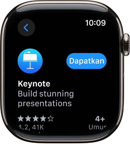 Skrin App Store menunjukkan halaman produk app dengan perihalan pendek app, penilaiannya dan butang Dapatkan di sebelah kanan.