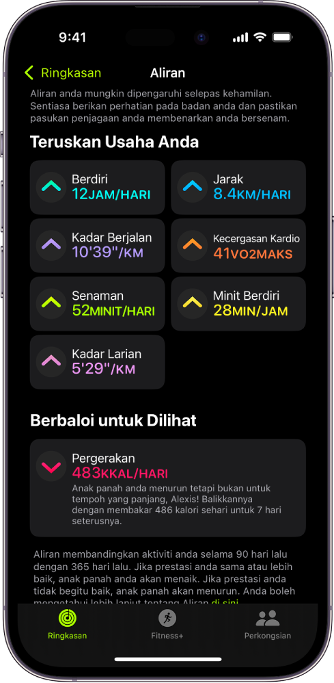 Tab Aliran dalam app Kecergasan pada iPhone. Beberapa metrik kelihatan di bawah pengepala Aliran berhampiran bahagian atas skrin. Metrik termasuklah Senaman, Berdiri dan Jarak. Pergerakan kelihatan di bawah pengepala Berbaloi untuk Dilihat.