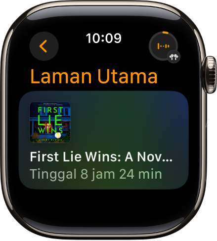 Skrin Buku Audio menunjukkan buku yang sedang dimainkan, dengan tajuk dan baki masa. Butang Kini Dimainkan berada di bahagian kanan atas.