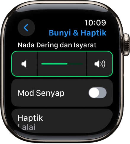 Seting Bunyi & Haptik pada Apple Watch, dengan gelangsar Kelantangan Isyarat di bahagian atas dan suis Mod Senyap di bawahnya.