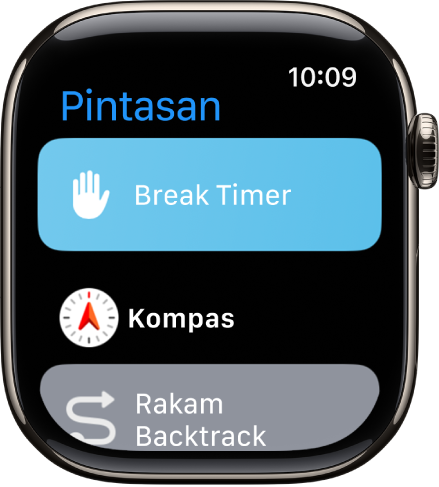App Pintasan menunjukkan tiga pintasan: Pisah Pemasa, Kompas dan Rakam Backtrack.